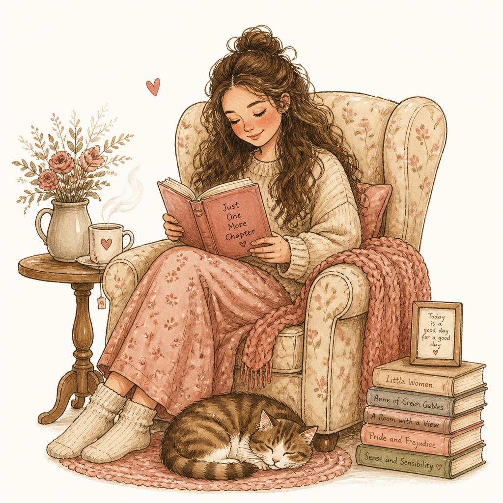 Ilustração fofa de uma leitora na poltrona com um gato dormindo e uma pilha de livros